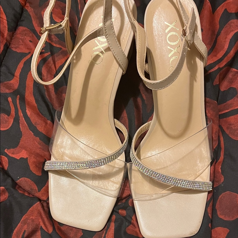 XOXO Beige and Clear Strappy Heels